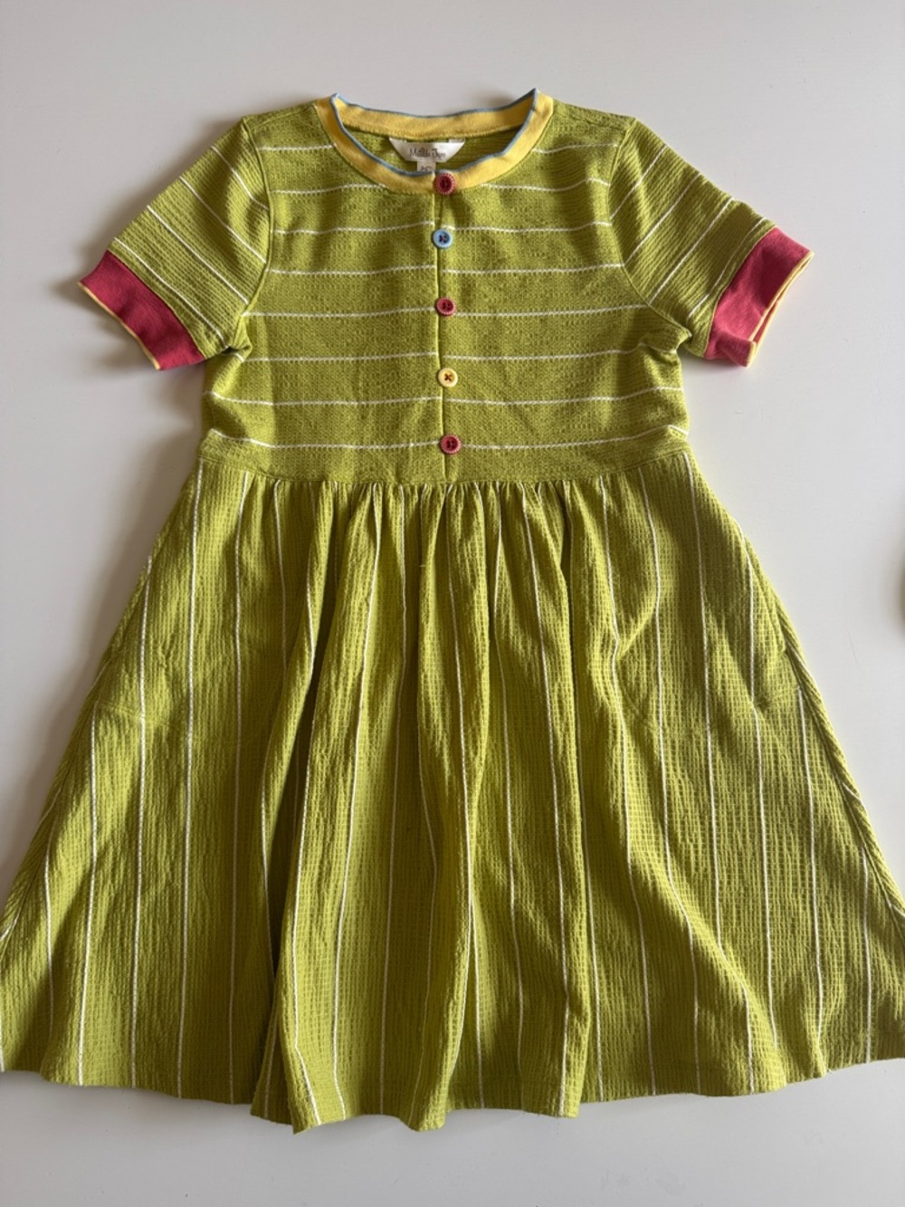 Matilda Jane Lime Green Striped Dress with Coral Pink Sleeve Accents